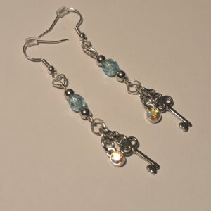 Cute silver key earrings with blue bread with silver gem earrings