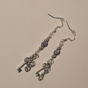 Cute silver key earrings with black bread with silver gem earrings