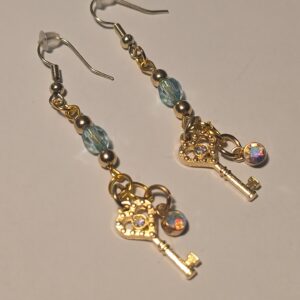 Cute gold key earrings with blue bread with gold gem earrings