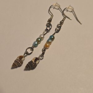 Cute silver 3 blue and gold breaded earrings with brown shell