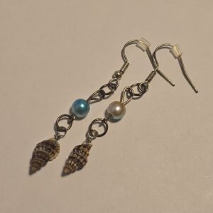 Cute silver 1 blue and gold ombre breaded earrings with brown shell